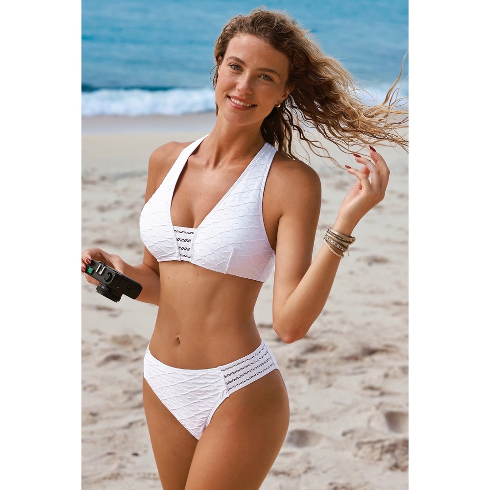 Cupshe Womens White Textured V-Neck Racerback Bikini Set Size M